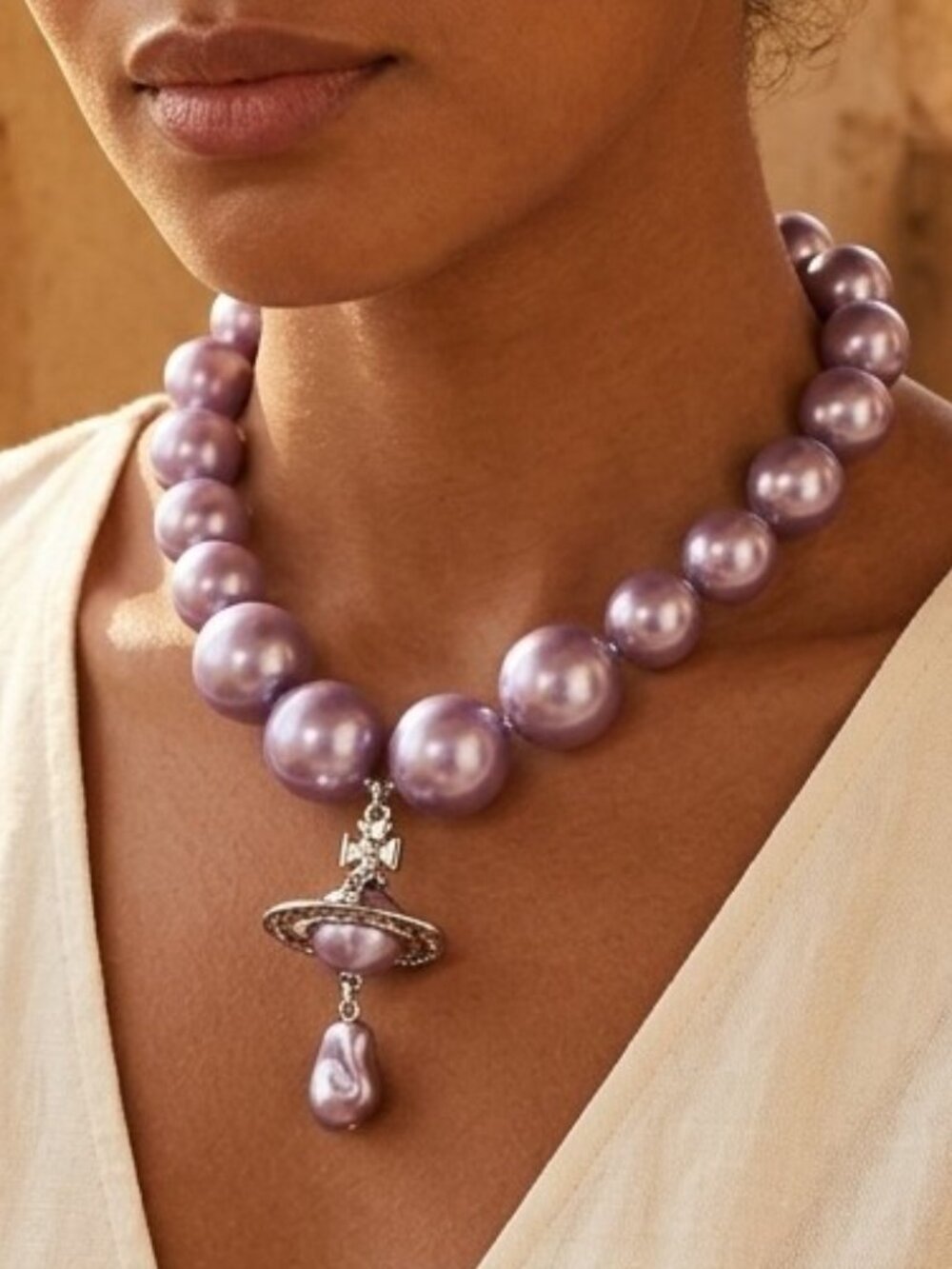 Chunky Lavender Celestial Orb & Baroque Faux Pearl Statement Necklace